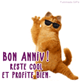 Capture d'un clip vidéo d'anniversaire amusant. Un chat orange cool avec des lunettes prend la pose pendant qu'une musique entraînante joue, créant un vœu de fête parfait.