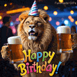 A lion in a birthday hat and with a wild mane holds two overflowing beer mugs in this funny 'Happy Birthday' GIF, perfect for a beer lover's big celebration.