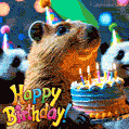 A joyful animated GIF of a capybara with a sweet expression, presenting a colorful birthday cake with lit candles at a vibrant party with its animal friends.