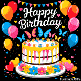 An illustrated birthday party on a black background. A cake is adorned with colorful butterflies, with floating balloons, hearts, and bunting completing the animated celebration.