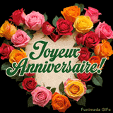 Image d'une courte vidéo d'anniversaire. Un cœur de roses vives entoure le texte 'Joyeux Anniversaire', un accompagnement visuel parfait pour une mélodie romantique.