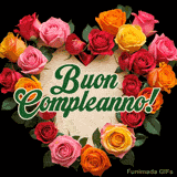 Un GIF animato con un cuore formato da rose colorate rosse, rosa e gialle. Al centro, la scritta 'Buon Compleanno!' brilla su uno sfondo animato e scintillante.