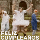 GIF animado de Jim Carrey en la película Ace Ventura. Viste un tutú blanco y botas, y baila de forma alocada y divertida. El texto dice 'Feliz Cumpleaños'.