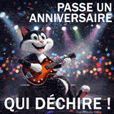 Ce clip vidéo montre un chat de dessin animé jouant un solo de guitare endiablé sur une chanson d'anniversaire rock. L'animation est synchronisée avec la musique pour un effet festif.