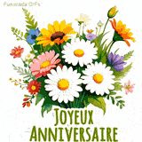 Vidéo courte montrant un bouquet de fleurs illustré avec des marguerites blanches et une musique de fête en fond, accompagnée du texte Joyeux Anniversaire en vert en bas.
