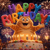 A joyful, chubby orange cat with its arms wide open in a hug stands behind a sprinkle-covered birthday cake under colorful 3D letters and exploding fireworks.