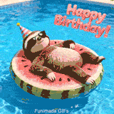 Happy birthday GIF featuring a sunny poolside scene featuring a furry sloth drifting on a watermelon ring. The chill animal wears a cone hat while 'Happy Birthday!' floats in the air above the water.