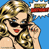 A cool and classic Birthday GIF. The detailed pop art drawing of a beautiful woman creates a sophisticated and fun visual for a special celebration.