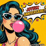Carte d'anniversaire animée mettant en vedette un personnage de comics vintage. La fille stylée en pois pose sur un fond jaune, créant un vœu amusant et artistique.