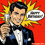 Animated birthday card featuring a dapper comic character. The stylish gentleman poses confidently, surrounded by retro textures and a bold greeting message.
