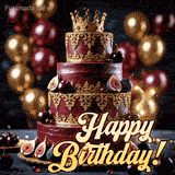 A stunning three-tier burgundy cake features intricate gold filigree patterns and is topped with a golden crown. Fresh figs and cherries decorate the layers, set against a background of red and gold balloons with 'Happy Birthday!' text.