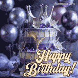 A video clip showing a purple cake with a silver crown. The crystals and gold dust sparkle gently while ethereal and happy birthday music plays to celebrate.