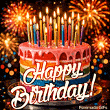 A grand and joyful Birthday GIF. The multi-colored dessert and the explosive light show offer a festive and exciting greeting to mark the occasion.