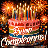 Una GIF di compleanno grandiosa e gioiosa. Il dolce multicolore e lo spettacolo di luci esplosive offrono un augurio festoso ed emozionante per l'occasione.
