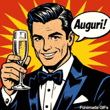 Illustrazione pop art di un uomo elegante in smoking che solleva un calice di champagne. Sullo sfondo un'esplosione rossa e gialla con la scritta 'Auguri!' in un fumetto circolare.