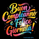 Composizione grafica vivace dove le parole Buon Compleanno e Felice Giornata spiccano al centro grazie a un effetto tridimensionale multicolore e piccoli punti luce scintillanti.