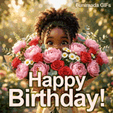 A cute little Black girl with curly hair smiles brightly while holding a huge bouquet of pink peonies, red roses, and daisies in warm sunlight. The text says Happy Birthday!