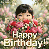 Short musical video of an adorable Asian girl peeking over a massive flower bouquet wrapped in craft paper. A blooming garden is in the background with a Happy Birthday greeting.