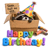 A grumpy raccoon wearing a colorful polka-dot party hat peeks out of a cardboard box while holding a sign that says Shhh tell no one, above bright Happy Birthday text.