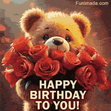An adorable fluffy teddy bear with blue eyes holds a massive bouquet of fresh red roses, set against a warm glowing background with soft bokeh lights.