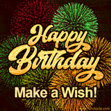 High-energy birthday card showing a spectacular display of colorful pyrotechnic bursts, featuring a bold Make a Wish message in pink and yellow at the bottom.