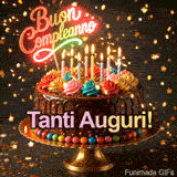 Una deliziosa torta al cioccolato con glassa gocciolante, meringhe colorate e candeline accese si trova su un vassoio dorato sotto una pioggia di stelle brillanti.