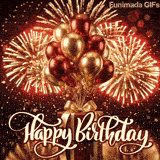Elegant birthday card showing polished metallic helium balloons floating above a beautifully wrapped present, with a flowing cream-colored Happy Birthday script.