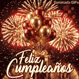 Ilustracion festiva de una caja de regalo roja, estrellas doradas und un ramo de globos brillantes que enmarcan un hermoso mensaje escrito a mano sobre fondo de gala.