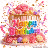 A tall pink birthday cake with a metallic gold drip glaze is decorated with pink roses, colorful French macarons, and vibrant rainbow 3D bubble letters that say Happy Birthday.