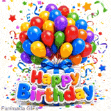 A giant cluster of colorful helium balloons is tied to a white gift box with a big blue bow, under an explosion of paper streamers and rainbow 3D bubble letters saying happy birthday.