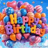 A giant cluster of colorful helium balloons with polka-dot, striped, and heart patterns floats in a bright blue sky under bold 3D rainbow letters spelling Happy Birthday.