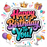 A colorful graffiti-style birthday sticker featuring a gold crown, a cherry-topped cupcake, a striped gift box, a cocktail, and bold neon Happy Birthday To You text.