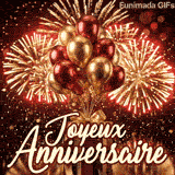 Video animee avec des ballons dores et bordeaux flottant doucement sur ce cadeau rouge, tandis que de brillants feux de fete de couleur or eclatent.