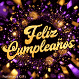 Video animato con una caligrafia dorada giratoria de Feliz Cumpleaños entre un torbellino de confeti purpura y destellos de pirotecnia brillante.