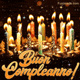 Cartolina festiva con una profusione di candeline accese e piccoli punti di luce che scintillano intorno a grandi lettere arancioni di celebrazione.