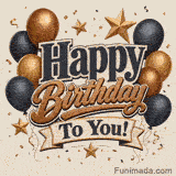 Animated view of stylish Happy Birthday To You text flanked by glossy black and golden balloons, decorative stars, and falling confetti on a beige background.