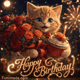 An adorable fluffy orange kitten wearing a bow tie, holding red and orange roses and a cupcake with a lit candle, set against fireworks and gold Happy Birthday script.