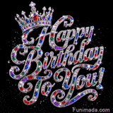 Silver Happy Birthday To You script with diamonds and gemstones under a royal crown on black background.