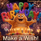 animated gif featuring a chubby orange cat with open arms standing behind a cake with lit candles, under colorful Happy Birthday balloon letters, fireworks, and Make a Wish text.