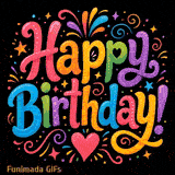 Bold rounded Happy Birthday lettering in bright rainbow gradients of pink orange yellow green blue and purple shines with glossy edges while stars a pink heart swirls and colorful dots float on black