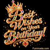 Ornate golden crown with colorful gems rests above jeweled Best Wishes on Your Birthday lettering in gold with multicolored stones while sparkling particles float on a black background