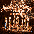 Chocolate Cream Happy Birthday Cake with Candles and Fireworks GIF