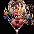 Strawberry cocktail, lit candles and fireworks. Happy Birthday GIF.