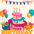 Gif animated happy birthday cake, balloons, gift boxes and fireworks