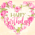 Pink rose heart shaped bouquet - Happy Birthday animated Card (GIF)