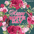 Red roses wreath and butterflies happy birthday card (video)