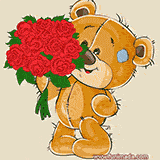 An animated cartoon teddy bear with a bouquet of red roses and a BDay quote in Hindi
