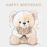 A cute teddy bear sits with a gentle smile, holding delicate roses in its paws. The message 'Happy Birthday!' is displayed above, with soft sparkles adding charm to this heartwarming animation.