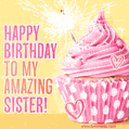 Pink cupcake and sparkler happy birthday sister gif