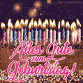 Viel Glück zum Geburtstag! Schokoladenkuchen und Kerzen GIF.